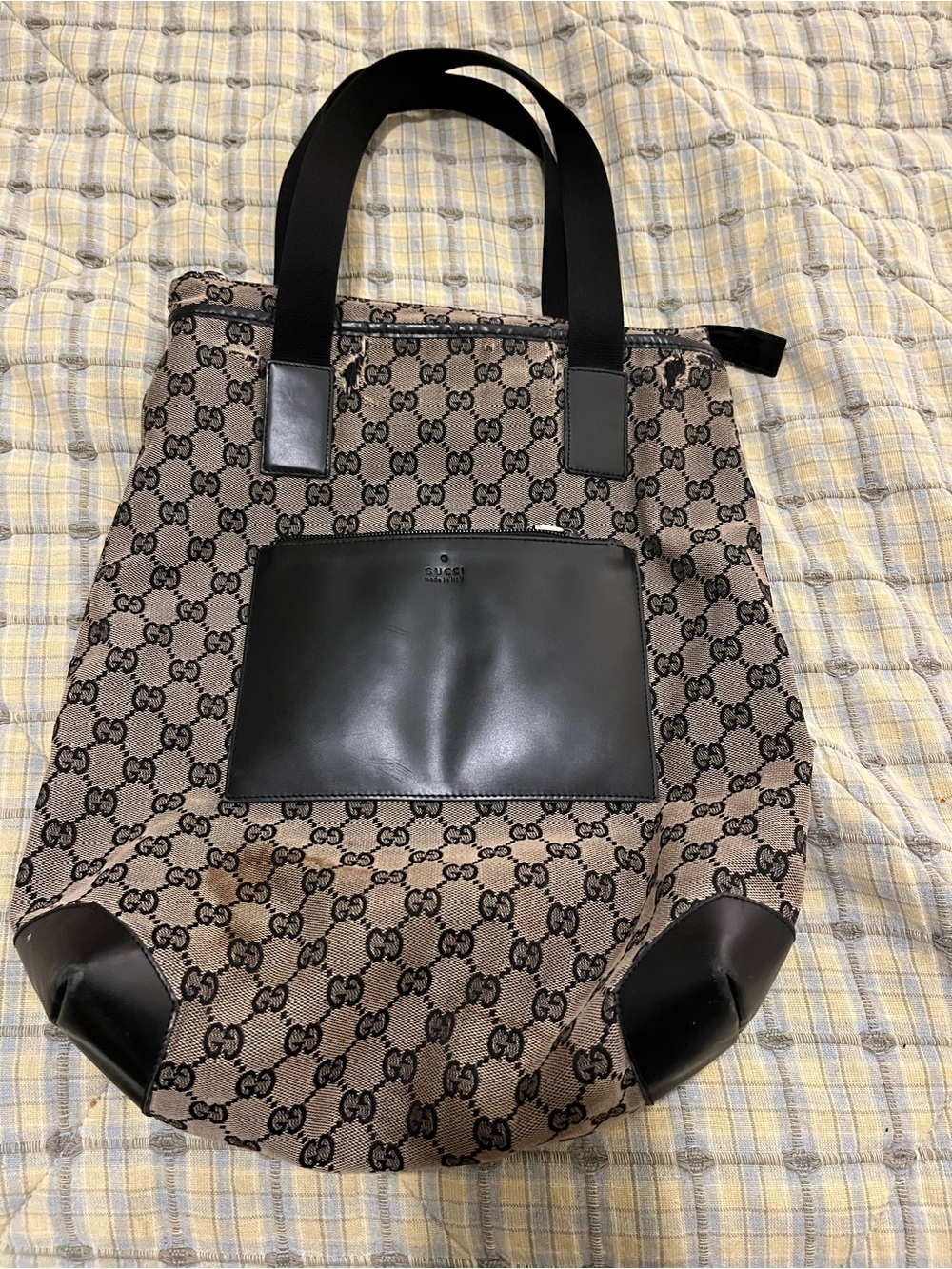 Gucci Brown/Tan GG Canvas Tote with Black Leather Trim
